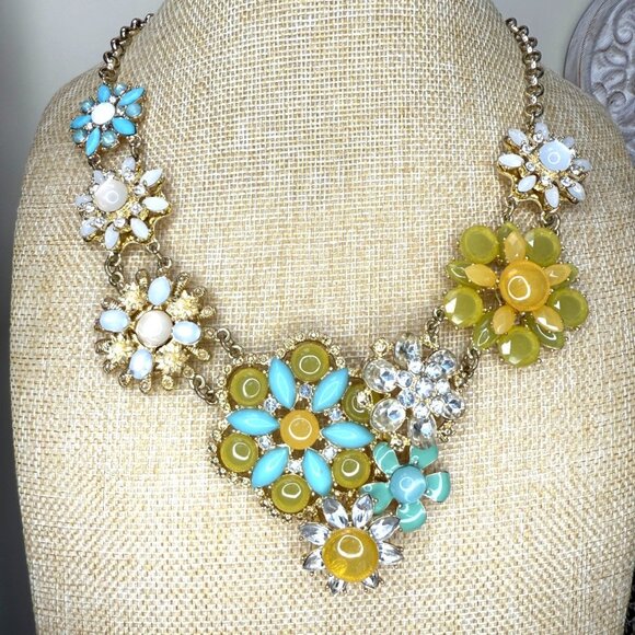 Floral Statement Necklace Yellow & Turquoise Beaded Design Gold Chain Adjustable - Picture 1 of 12